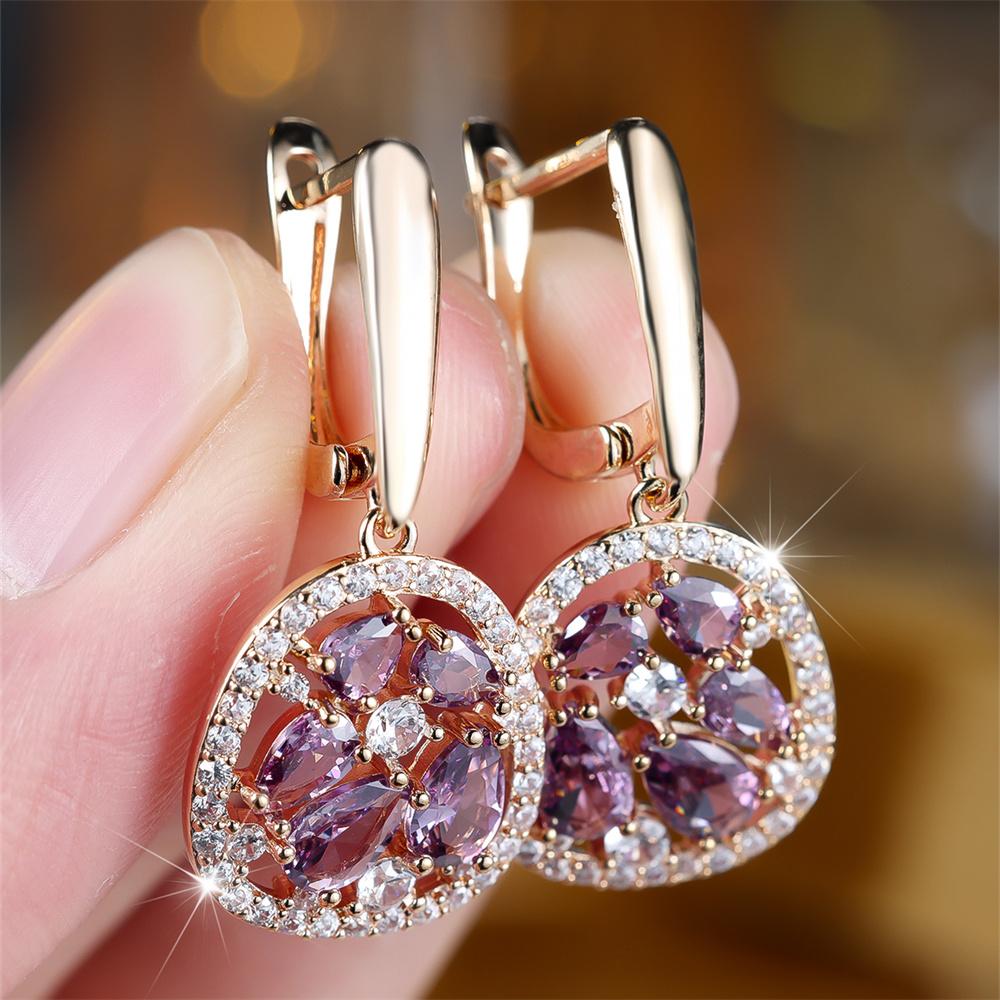 Pendientes de Aro con Colgante de Gota de Agua y Cristal Púrpura para Mujer Hebilla de Oreja Vintage Color Dorado Joyería para Bodas Regalo del Día de San Valentín