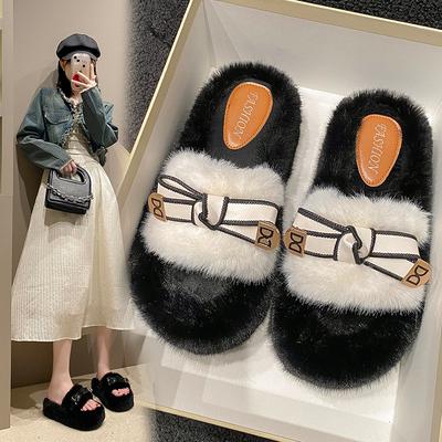 Niche Design Fluffy Slippers Women's Outer Wear 2025 Spring and Autumn New High-end Thick Bottom Heightening One-word Cotton Slippers