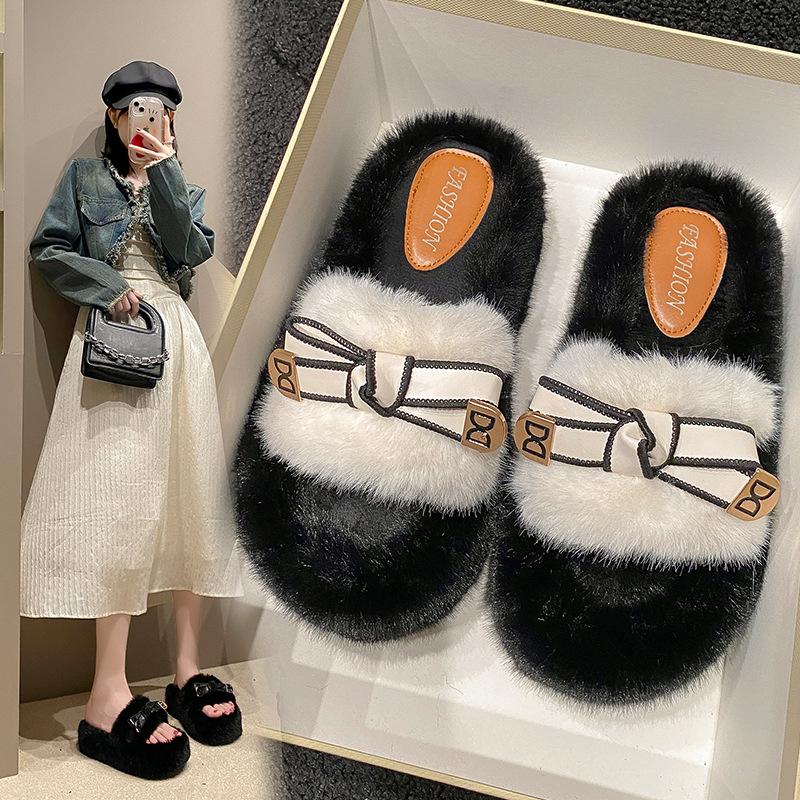 Nischendesign flauschige Hausschuhe Damen Outdoor 2025 Frühling und Herbst neu High-End dicker Boden erhöhend Ein-Wort Baumwollhausschuhe
