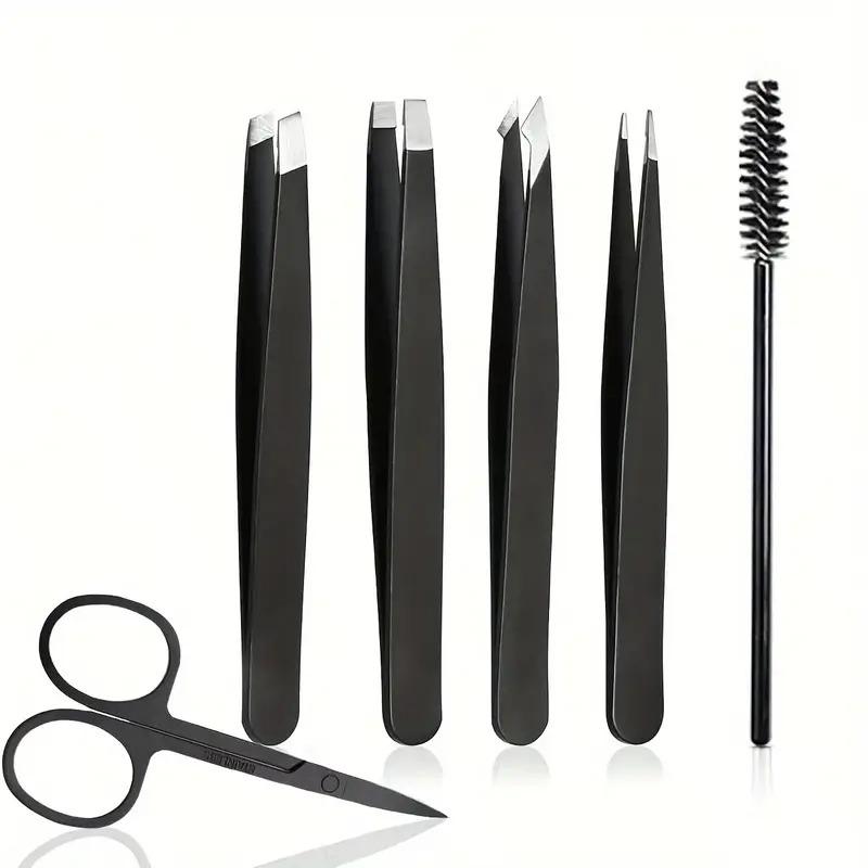 6pcs Eyebrow Grooming Kit: Stainless Steel Tweezers, Curved Scissors & Lash Brush - Perfect for Facial Hair Removal & Brow Shapi