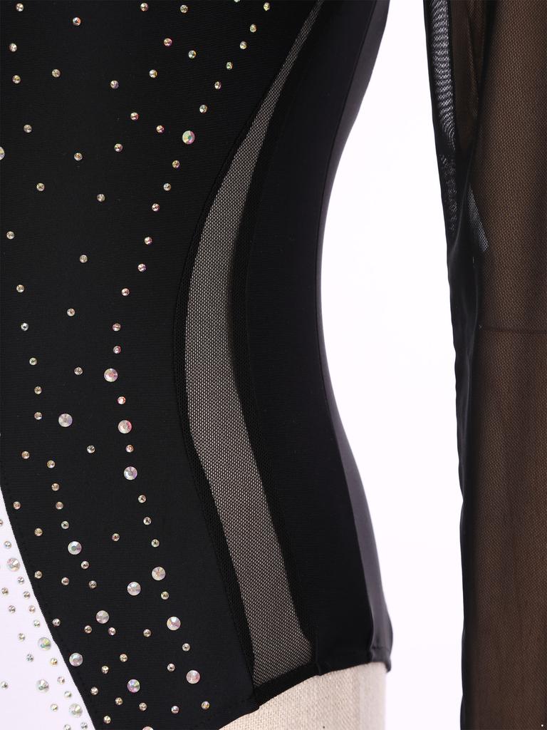 Women Long Sleeve Rhinestones Mesh Gymnastics Leotard Bodysuit Ice Skating Jumpsuit