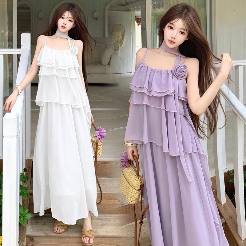 French purple suspender long dress female summer loose and thin lazy style big skirt elegant dress knee fairy skirt