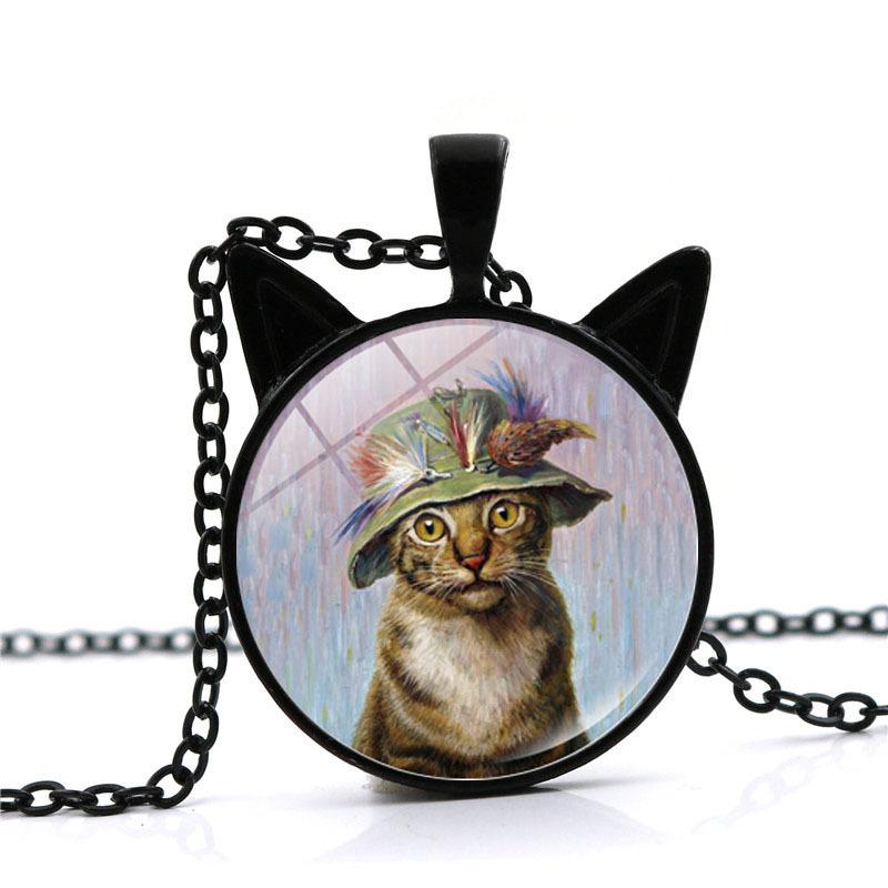 Van Gogh Starry Sky Starry Night Kitten Necklace Women's Versatile Black Cat Ear Pendant European and American