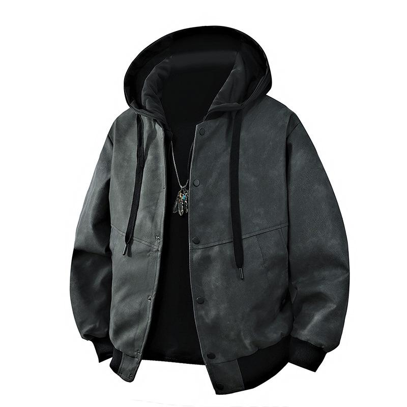 

Men s Hooded Faux Two-Piece Quilted PU Leather Jacket - Autumn/Winter Casual Loose Street Style Coat Medium