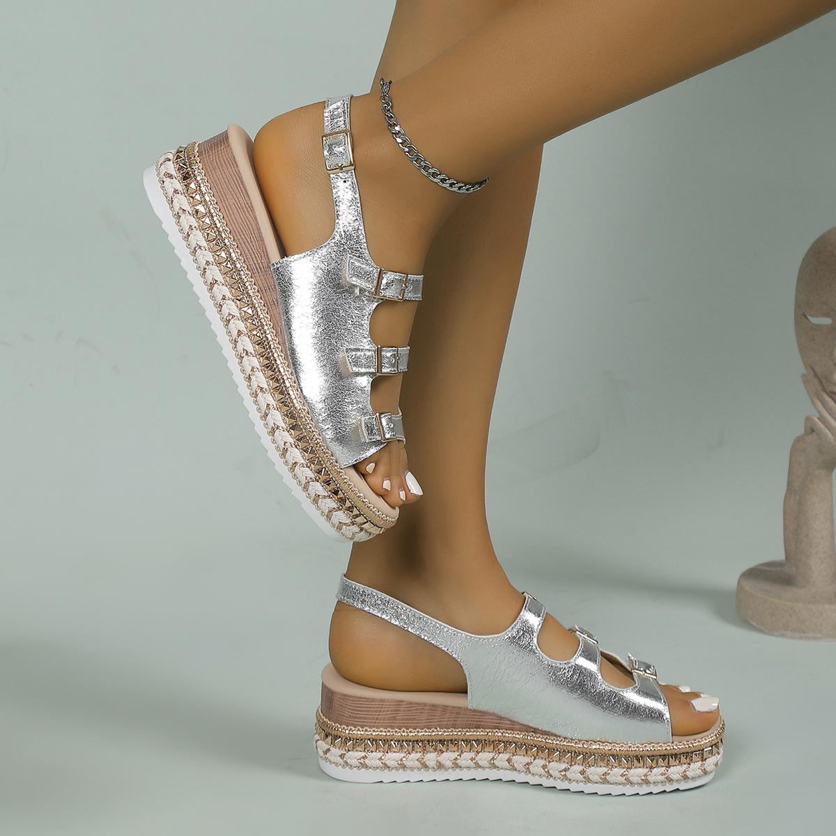 

Women Wedges Sandals 2024 Summer New Sexy Shoes for Women Ladies Peep Toe Gladiator Wedges Buckle Sandals Women Zapatos De Mujer 42 серебряный