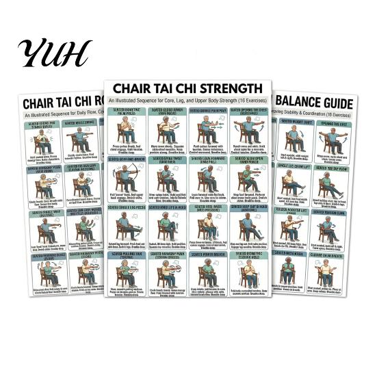 Senior Health Exercise Program 3Pcs Chair Tai Chi Poster Set Seated Workout Home Fitness for Seniors Chart Low Impact Balance Strength Training Guide B