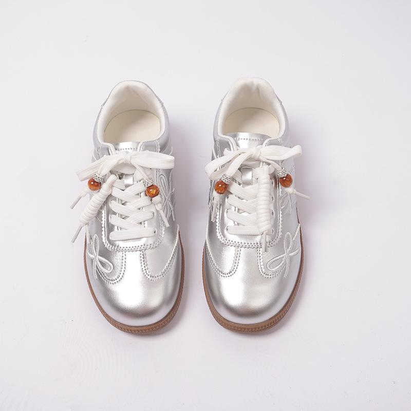 

Cowhide version of autumn new products round head bow flat bottom casual women s single shoes tide 40 серебряный