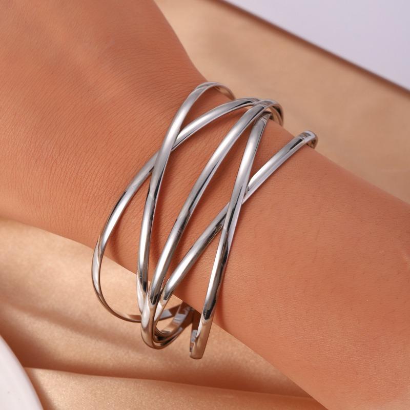 Stainless Steel Multi Layer Crossing Bangles for Women Girls Open Adjustable Arm Cuff Bracelets Special Design Jewelry Gifts