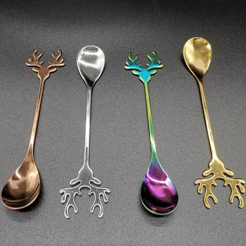 Creative Shape Spoon Antlers Shape Stainless Steel Coffee Dessert Spoon Ice Christmas Antlers Tea Tiny Stirring Tool Accessories