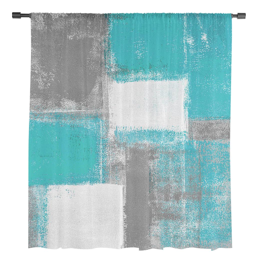 Oil Painting Abstract Geometric Aqua Blue Sheer Curtains for Living Room Decoration Window Curtains Kitchen Tulle Voile Curtains
