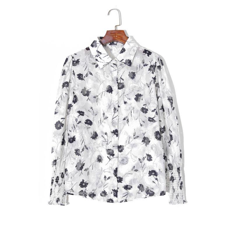 

2025 Women s Spring Clothing K-style Retro Print Elegant Lapel Single Breasted Loose Puff Sleeves Lightweight Transparent Shirt Print M