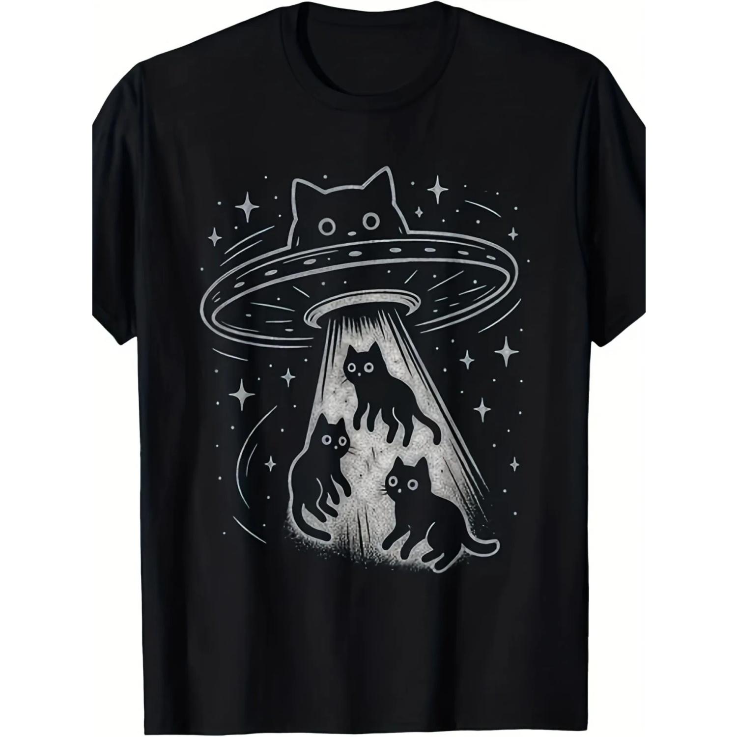 Fun Cat UFO Cute Cat Spaceship Alien Aesthetic T-shirt _ Men s Casual  Playful Print, Round Neck, Suitable for All Seasons S чёрный