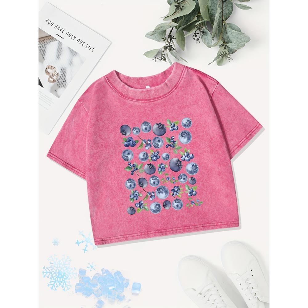 Cotton Crop Tops Womens Fresh Blueberry Fruits Printing Washed T-Shirts Regular Fit O-Neck Streetwear Y2K Clothes