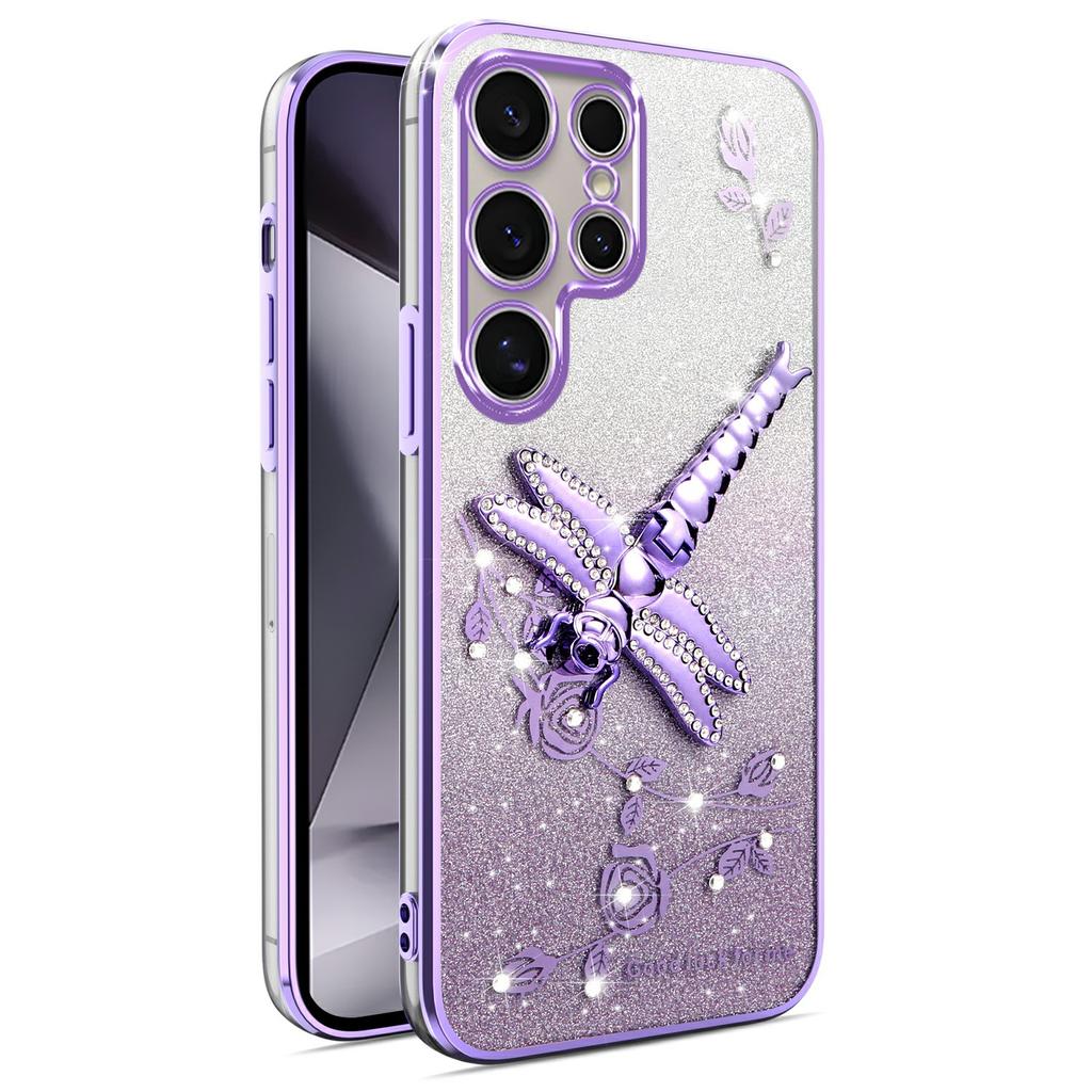 KADEM For Samsung Galaxy S24 Ultra Case Dragonfly Kickstand TPU Flowers Glitter Phone Cover