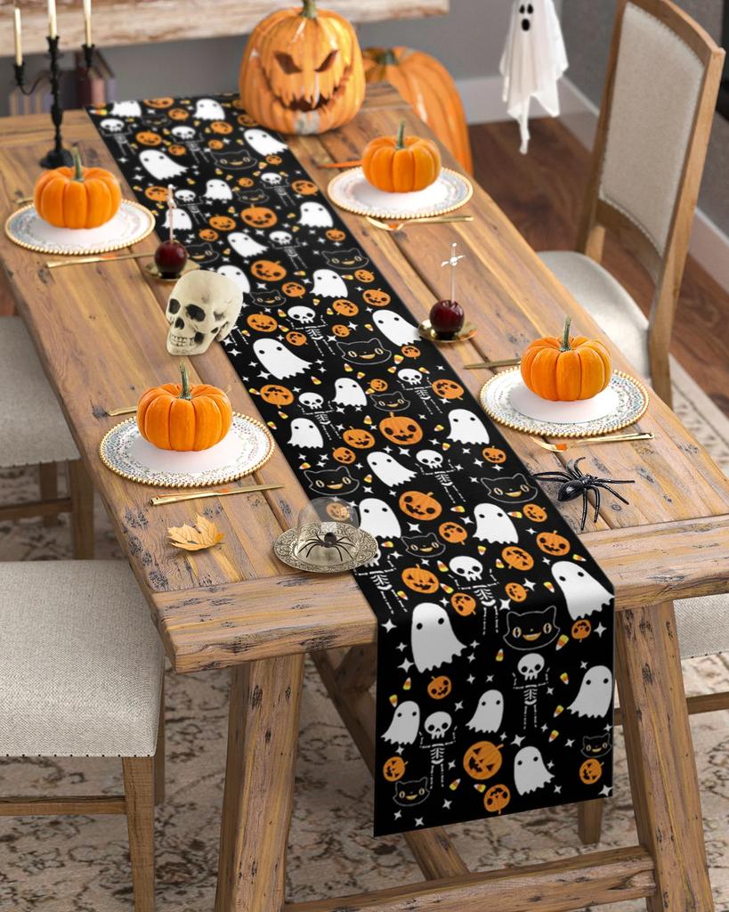 Halloween Pumpkin Candy Black Cat Linen Table Runners Wedding Decoration Farmhouse Dining Table Runners Halloween Decor