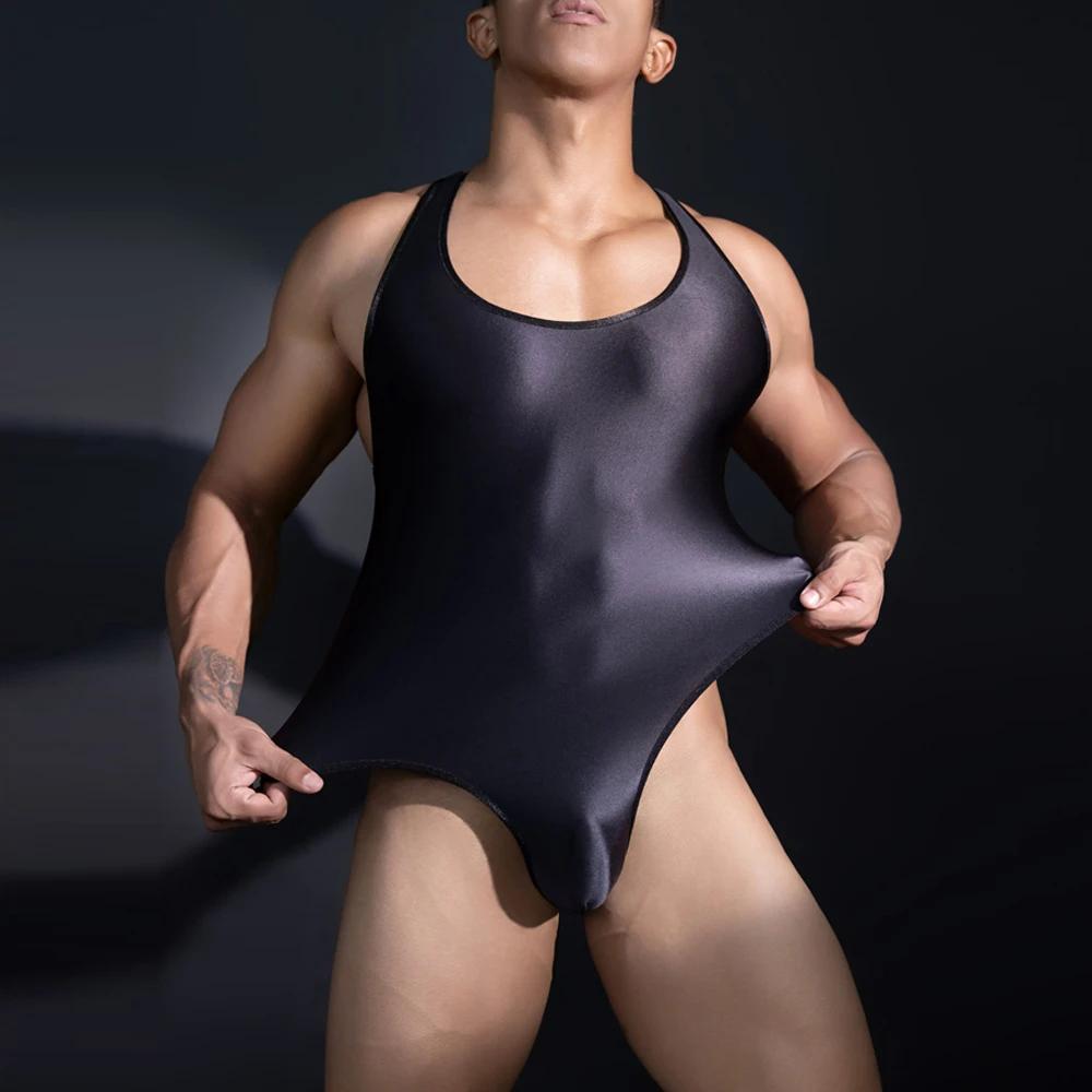 Sexy Men Deep V Neck Bandage High Cut Bodysuit Elastic Corset Body Shaper Oil Glossy Shiny One Pieces Thongs Gay Leotard