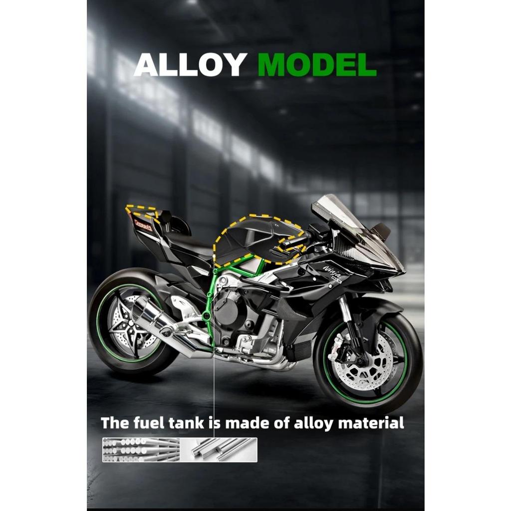 1/9 Kawasaki H2R Alloy Model Ignite Motorcycle with Spray Model Ignite Start Alloy Simulation Children Motorcycle Toy Gift