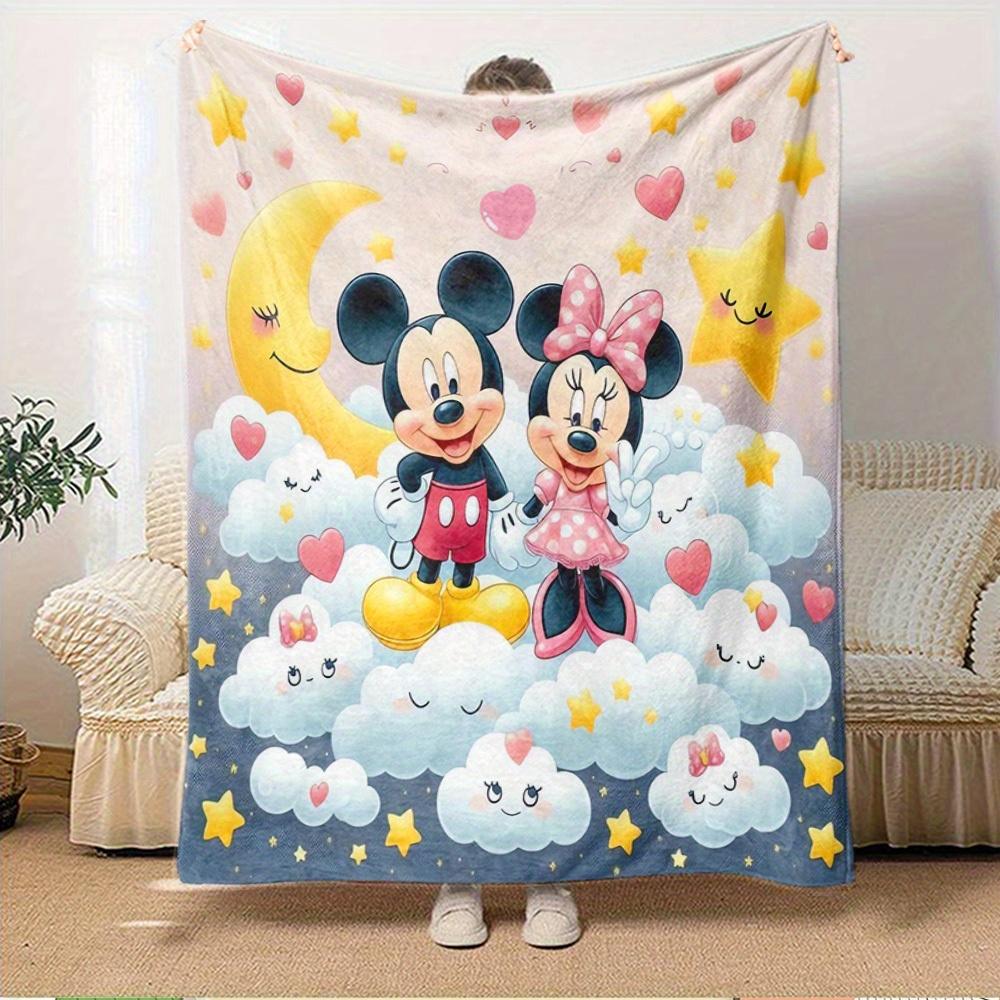 1pc Throw Blanket - Cute Mickey Mouse and Minnie Mouse Design, Romantic Moon and Stars Clouds