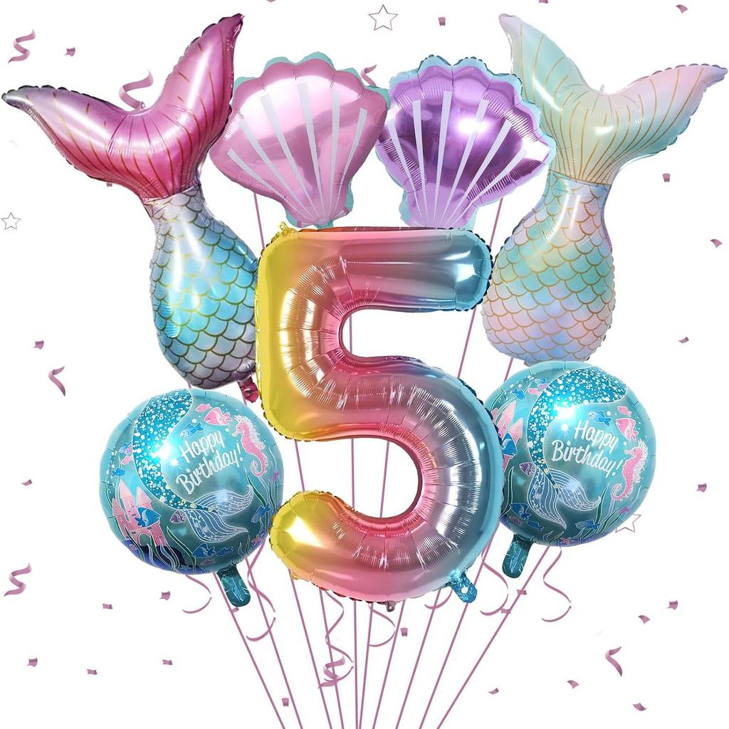 Meerjungfrauen-Mottoparty-Dekorationen Helium-Folienballons Schwanzdesigns Regenbogen-Zahlen Muschel-Akzente für Kindergeburtstag Babyparty