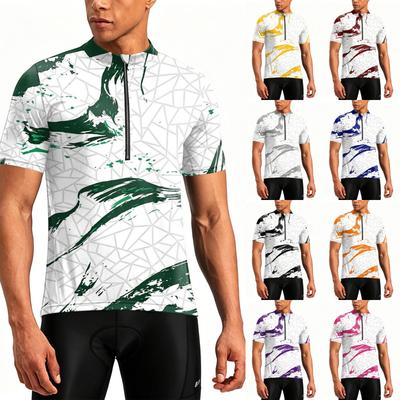 Herren Rundhals Bedruckt Reißverschluss Atmungsaktiv Schnelltrocknend Kurzarm Radtrikot mit Geometrischem und Abstraktem Musterdesign für Outdoor-Sportarten