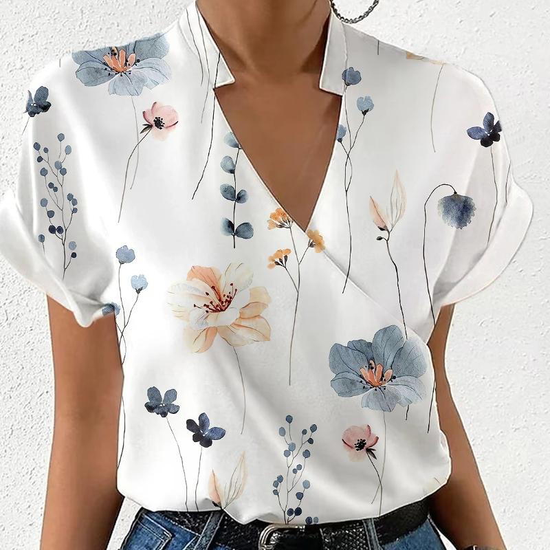 

BITCED женская летняя свободная блузка с коротким рукавом и v-образным вырезом с воротником-стойкой и принтом XXL слоновая кость