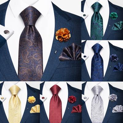 Mens Ties Floral Ties Paisley Necktie Pocket Square Cufflinks Brooch Set Men's Wedding Party Accessories