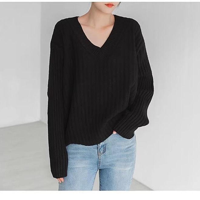 Jerséis Básicos de Punto para Mujer Otoño Invierno Cálido Suéter Cuello en V Moda Holgado Manga Larga Clásico Casual Tops de Punto