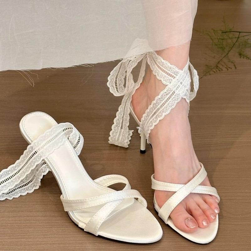 Fashion Satin Crossover Lace Lace-up High Heel Sandals Women's New Summer Open Toe Lace-up Slip Strap Non-Slip Sandals
