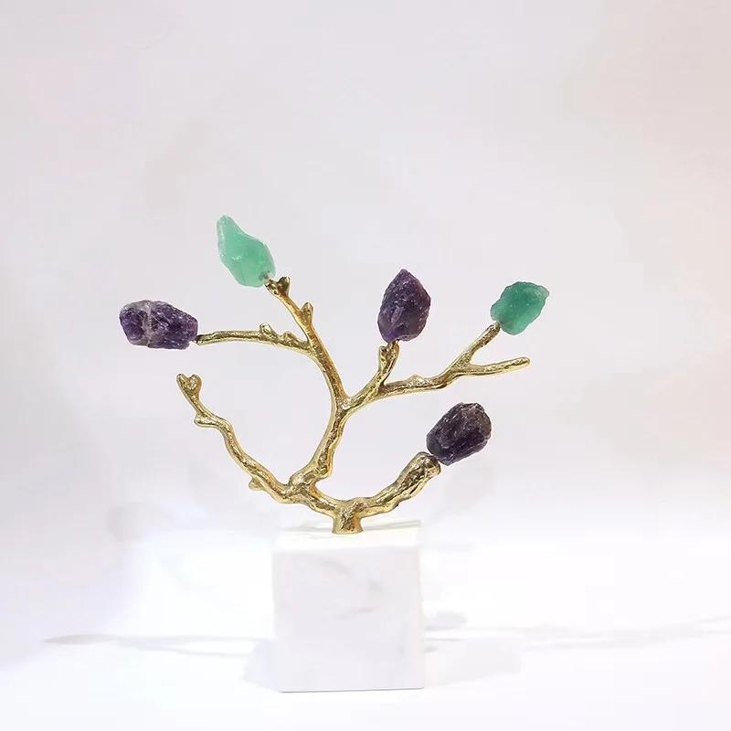 Natural Crystal Stone Sculptures Golden Tree Crystal Tree Brass Metal Branch Ornament Metal Figurine Home Decoration Accessories