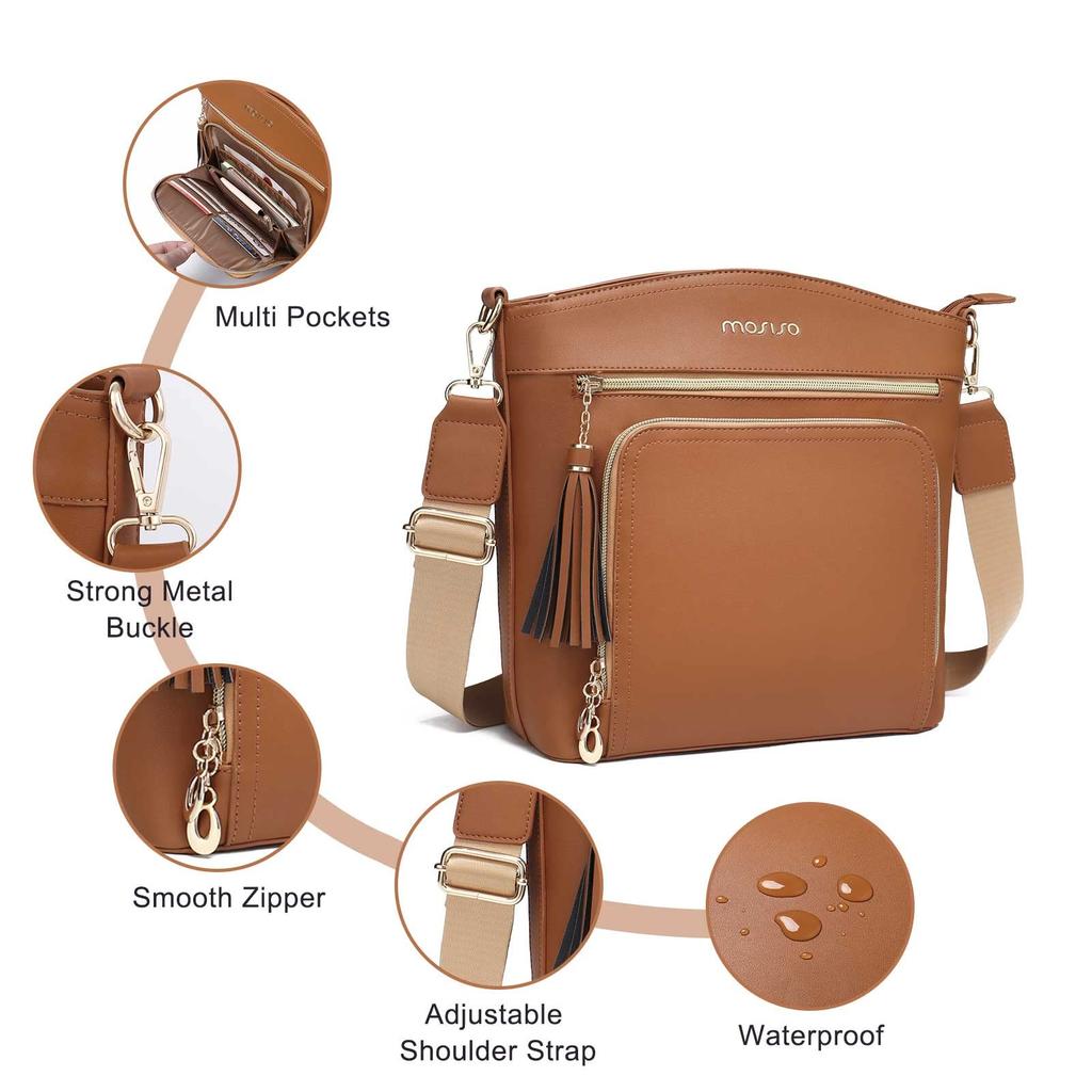 Women's Crossbody Bag Multi-pocket Handbag Shoulder Bag with Card Holder Wallet & Tassel (Brown)