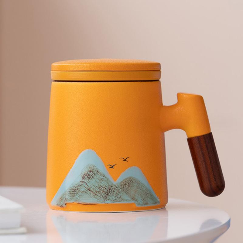 Guochao Holzgriff Yuanshan Keramiktasse mit Deckel Qianli Weißporzellan Jiangshan Büro Tee- und Wasserseparation Geschäftsgeschenk