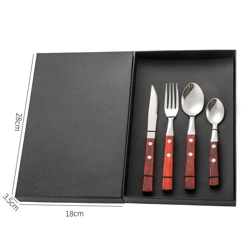 Four-Piece Cutlery Set: Stainless Steel Steak Knife, Fork, Spoon, with Rosewood Handles.