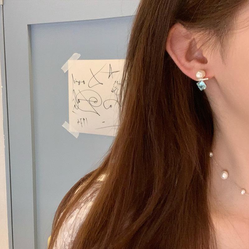 Zircon pearl square stud earrings light luxury temperament earrings niche high-end earrings women