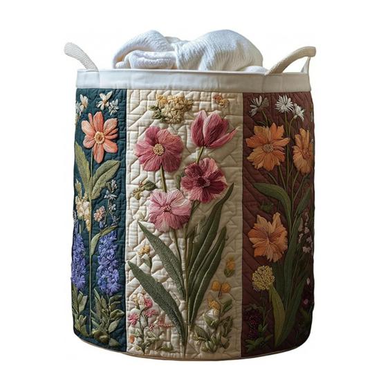 Quilted Laundry Basket Fabric Floral Storage Basket with Handles Boho Clothes Basket for Laundry Nursery Bedroom Garments Kids Toys