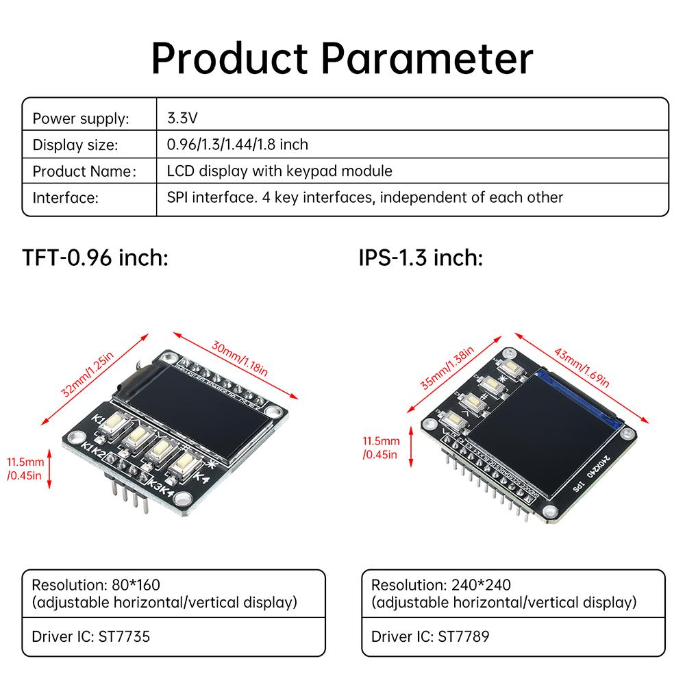 0.96/1.3/1.44/1.8-inch TFT IPS Color Screen LCD Display Module with 4 Buttons ST7735 / ST7789 Driver Interface SPI