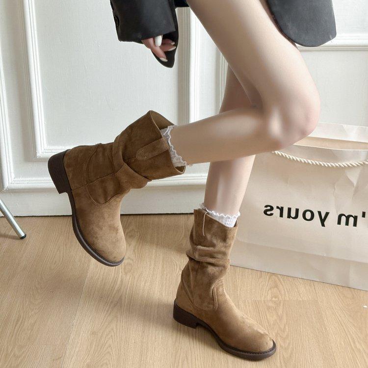 

Vintage Thick Low Heel Pile Boots Women s 2025 Fall New Merad Western Cowboy Boots Medium Martin Boots 40 хаки