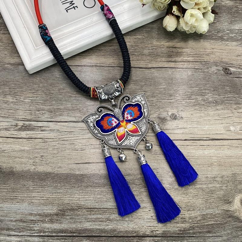 Retro Long Fashion Classical Embroidery Fringed Necklace Temperament Wind Chimes Pendant Miao Sweater Chain Accessories