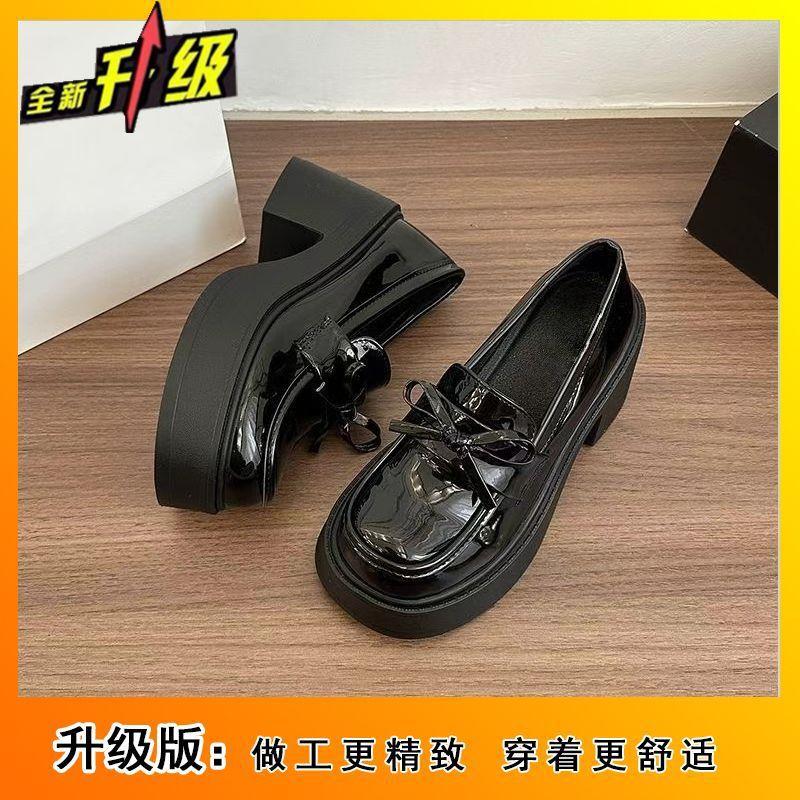 Retro Round Head Versatile Thick High-heeled Small Leather Shoes for Women's 2025 Spring New Japanese Skirt Bow Loafers