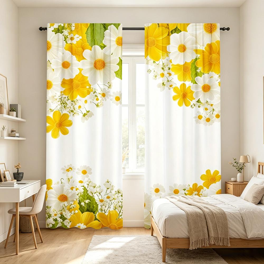 2PCS Digital Printed Curtains, Summer Daisy Floral White Yellow Flowers, Window Curtains for Living Room Bedroom Home Decoration