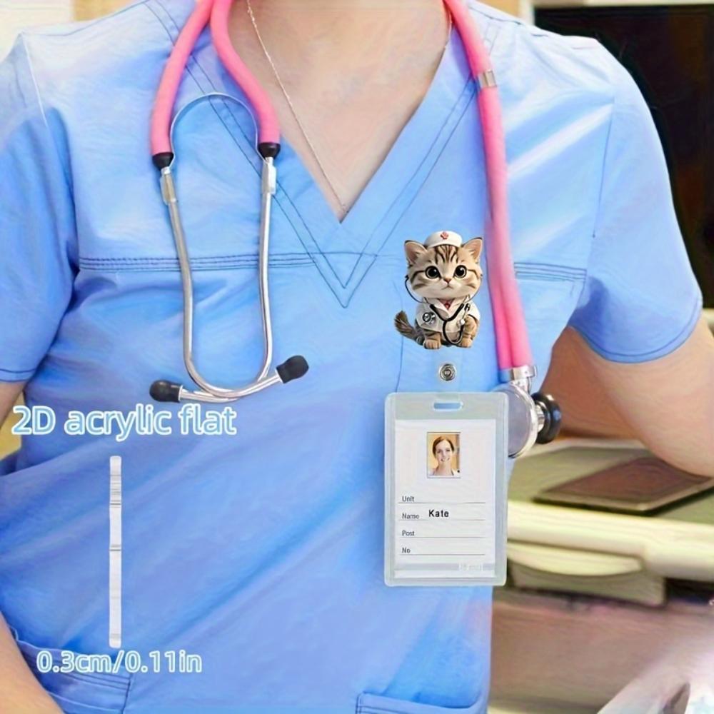 2D Acrylic Cute Nurse Cat Retractable Badge Reel Clip Brooch For Nurses RN LPN Students ID Card Holder