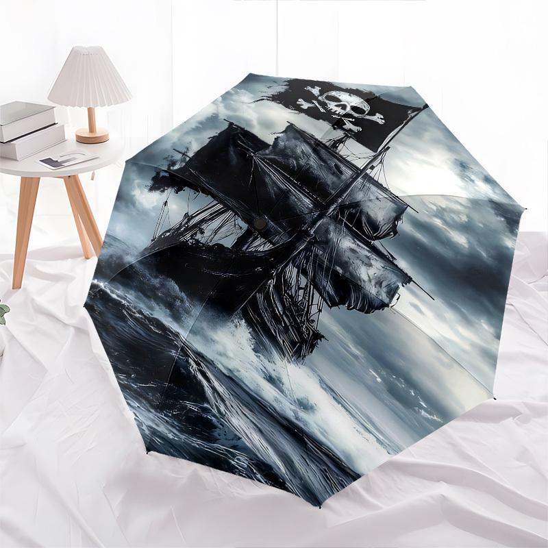 Pirate Ship, Stormy Sea Themed Automatic Opening and Closing Umbrella, Brightly Colored 8-rib Portable Umbrella, Suitable for Men and Women,