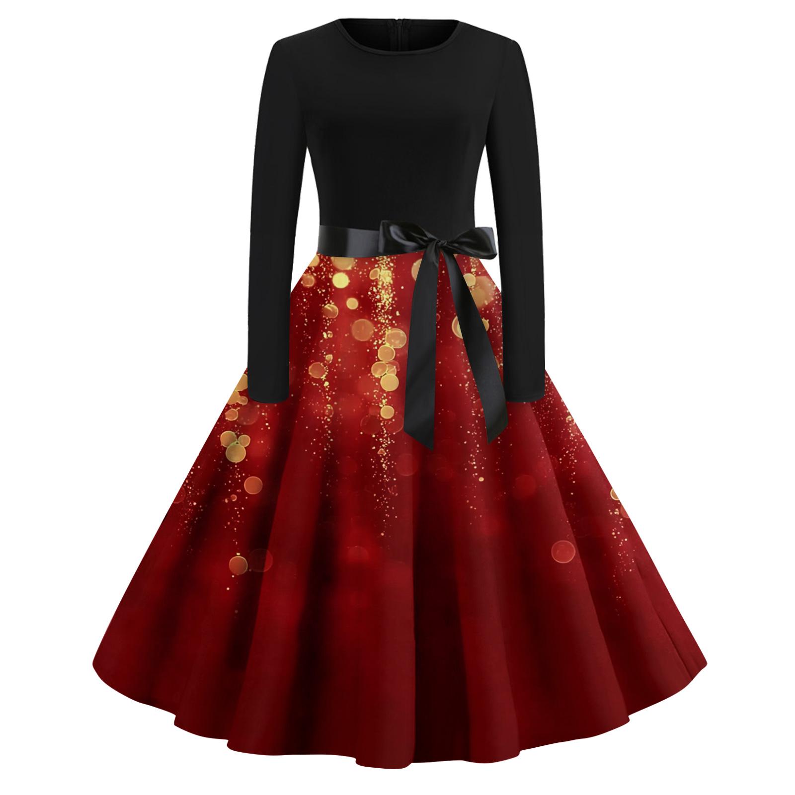 

Женское модное повседневное платье с круглым вырезом, рождественским принтом и длинными рукавами L красный