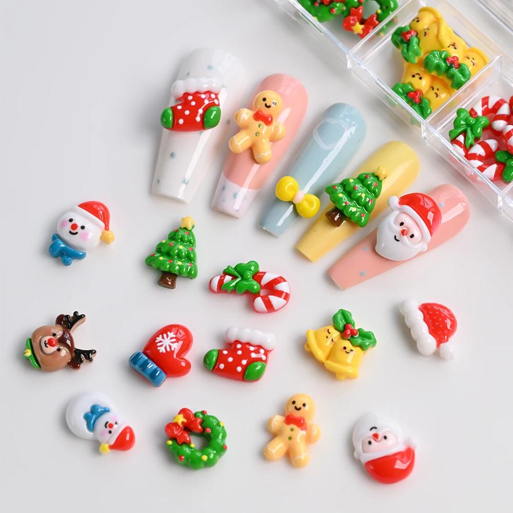 12 Grids Cartoon Christmas 3D Manicure Decoration Mixed Resin Snowman/Santa Claus/Elk/bell Nail Charms DIY Nail Art Rhinestones