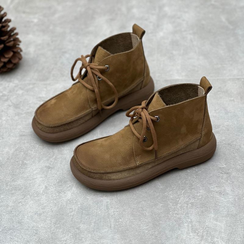 Johnature Retro El Yapımı Kadın Kısa Çizmeler Hakiki Deri Ayakkabı Yuvarlak Ayak Düz Renk Bağcıklı Çizmeler