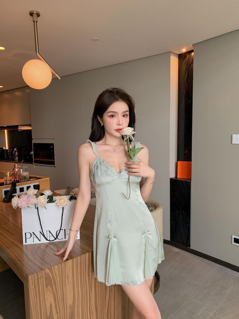 Summer pure court style ice silk suspender nightdress women's summer with chest pad sexy lace pajamas loungewear summer