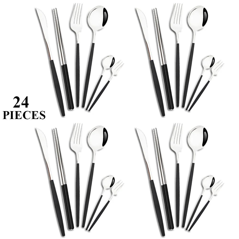 24Pcs Gold Tableware Set Stainless Steel Flatware Dinner Knife Forks Spoon Chopsticks Cutlery Set Kitchen Wedding Dinnerware Set