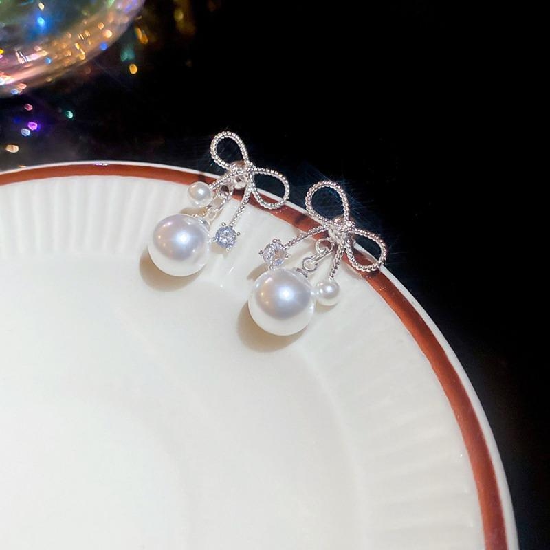 French Silver Needle Diamond Pearl Pendant Earrings Light Luxury Delicate Personality Earrings Design Sense Niche Earrings Women