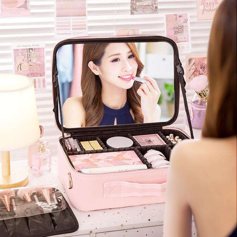 PU Leather Waterproof Multifunctional Cosmetic Storage Case With Mirror Lipstick Jewelry Make-Up Brush Organize Deposit Box