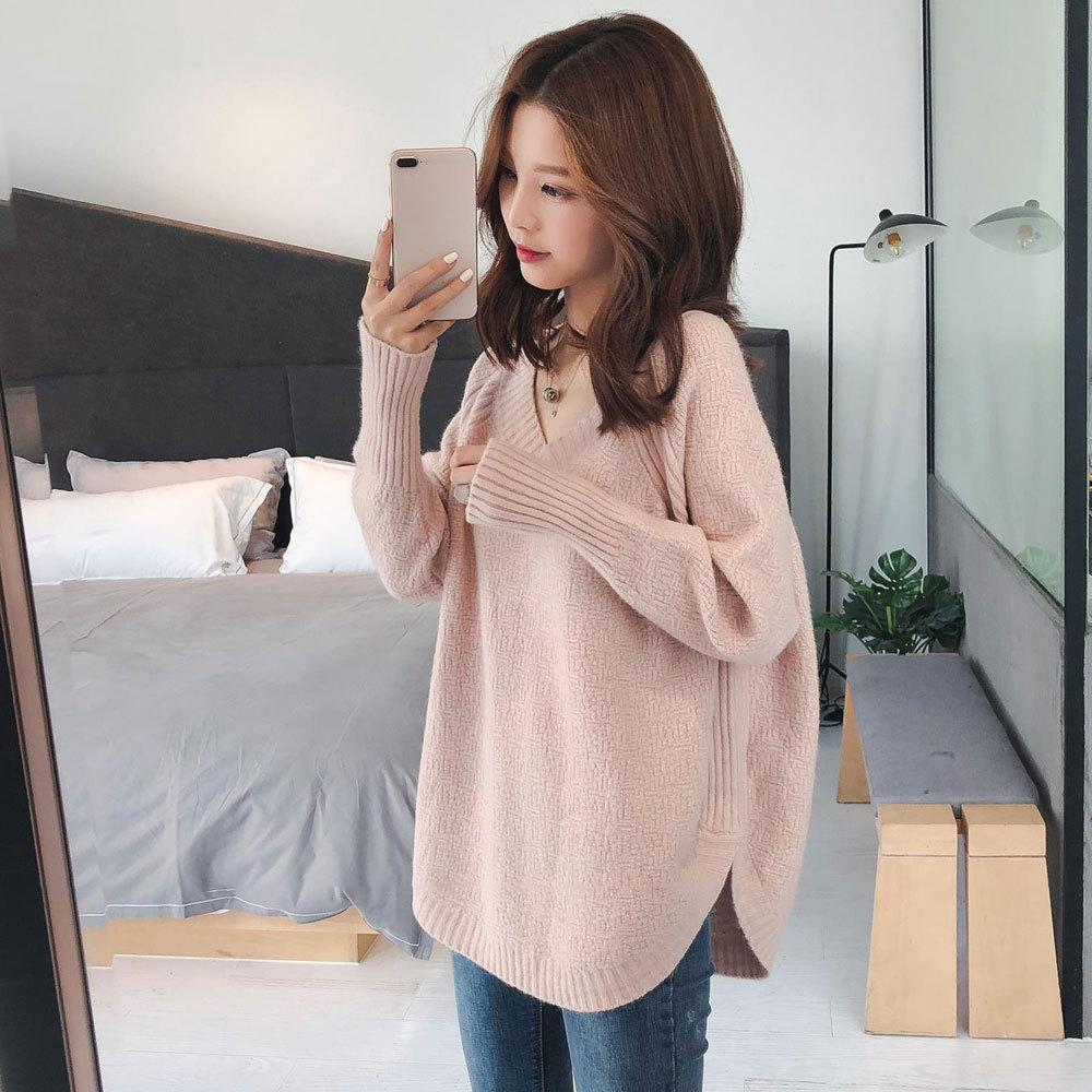 Autumn Winter Women's Sweater Knitwear Loose V-neck Medium-length Knitted Tops Pullover Jumper