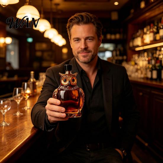 Karafka na whisky s motivem sovy Skleněná láhev, 180/350 ml Dekorativní zvířecí karafka, Kreativní nádoba na skladování likéru, brandy s reliéfem pro domácnost